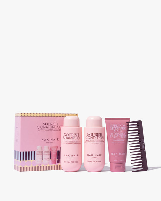 NAK Holiday Nourish Trio with Gift | Nourish Shampoo 350ml + Conditioner 350ml + Replends Moisture Mask 150ml | Hydrating Hair Care Set for Dry & Damaged Hair | Full-Size Signature Pack