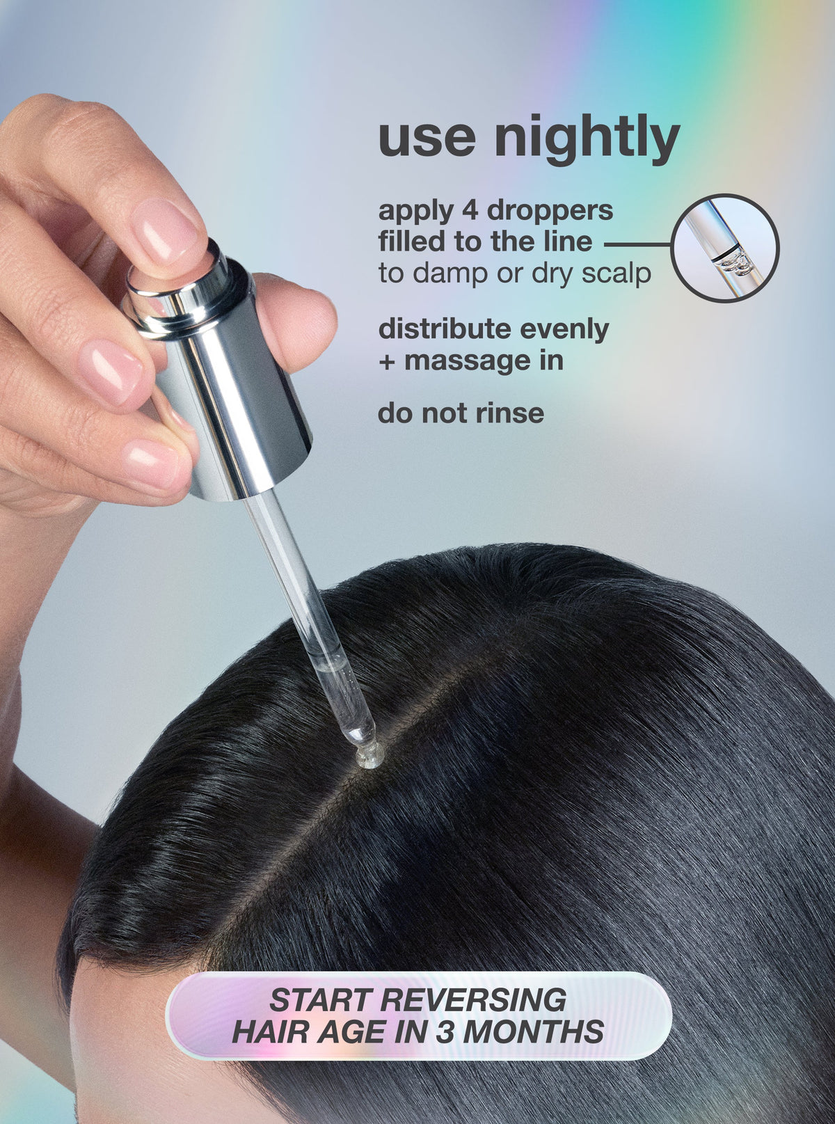 Applying K18 FutureIQ scalp serum with a dropper along a hair parting, with nightly use instructions.