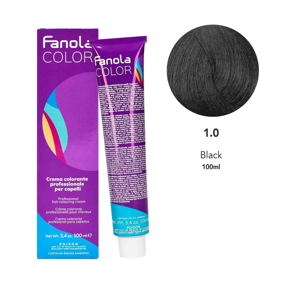 Fanola Color Professional Colouring Cream 100ml – Shade 1.0 Black