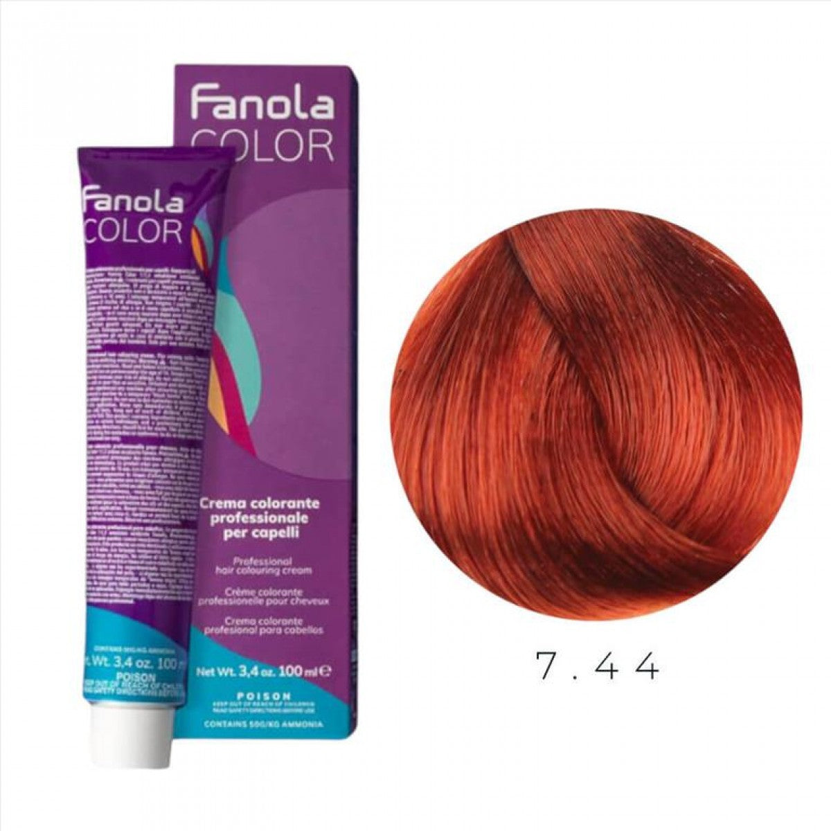 Fanola Color Professional Colouring Cream 100ml – Shade 7.44 Med Intensive Copper Blonde