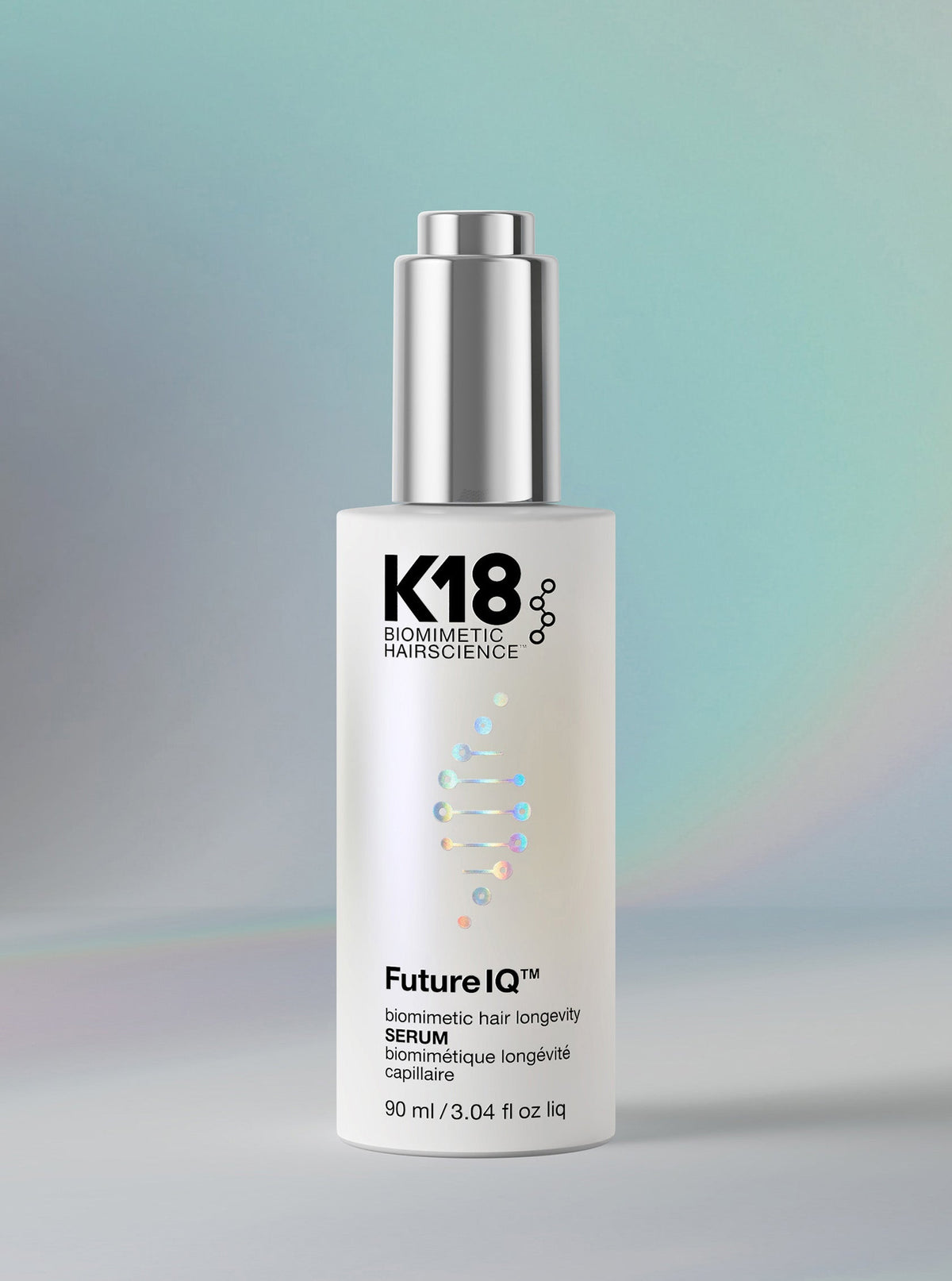 K18 FutureIQ Biomimetic Hair Longevity Serum 90ml bottle with silver dropper cap.