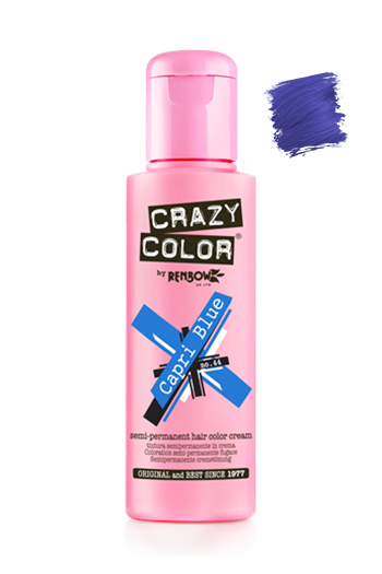 Pink bottle of Crazy Color hair color cream with blue color swatch on a white background